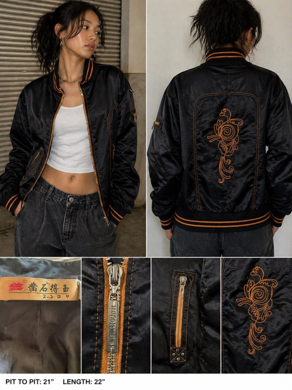 Y2K Black Satin Bomber Jacket Dragon Embroidered Unisex Streetwear